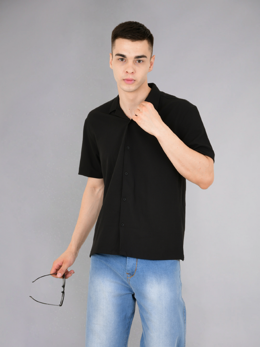 Black Popcorn Textured Half Sleeves Shirt - Front View