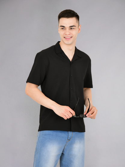 Black Popcorn Textured Half Sleeves Shirt - Sleeve Detail