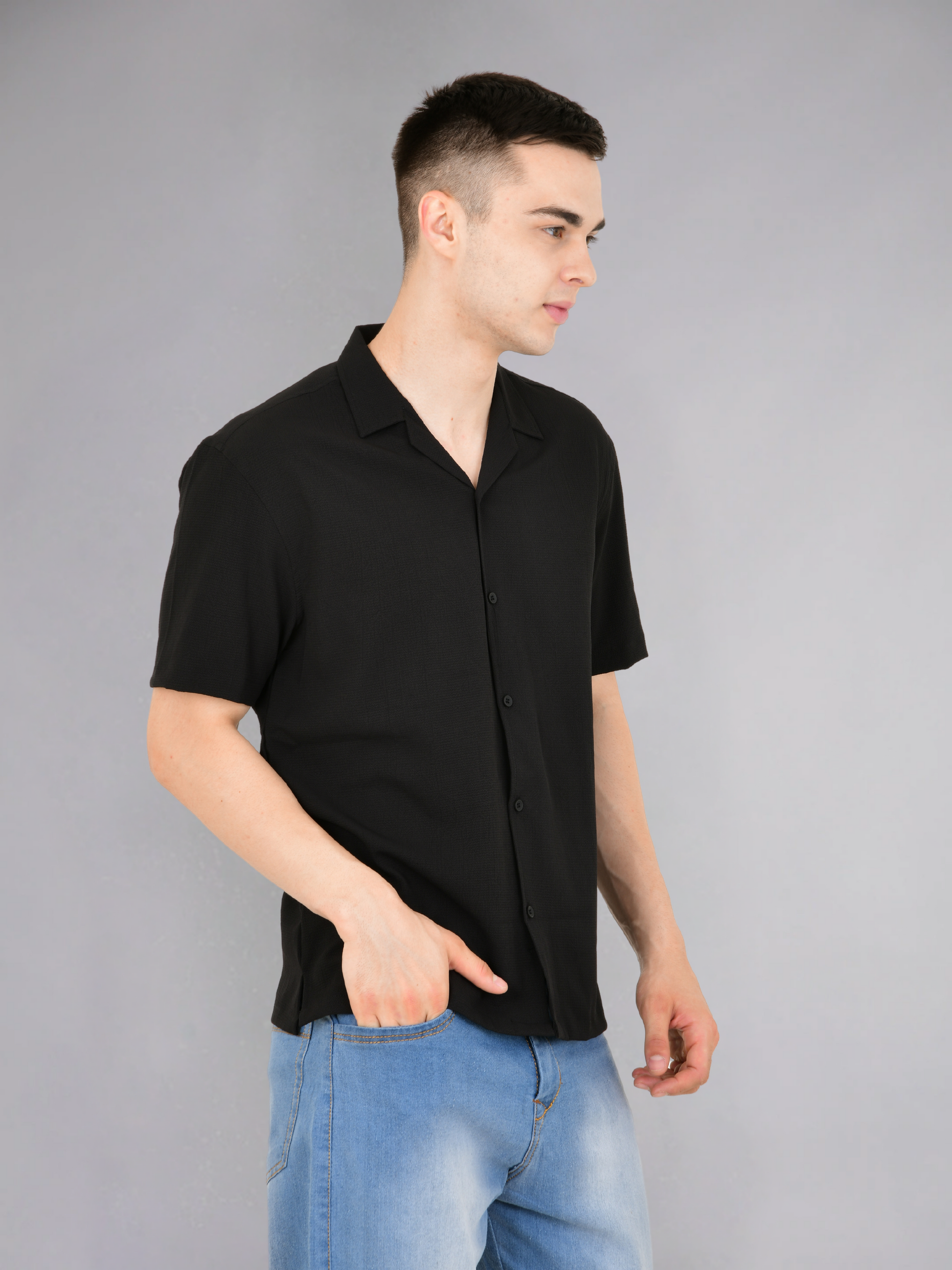 Model Wearing Black Popcorn Textured Half Sleeves Shirt - Side View