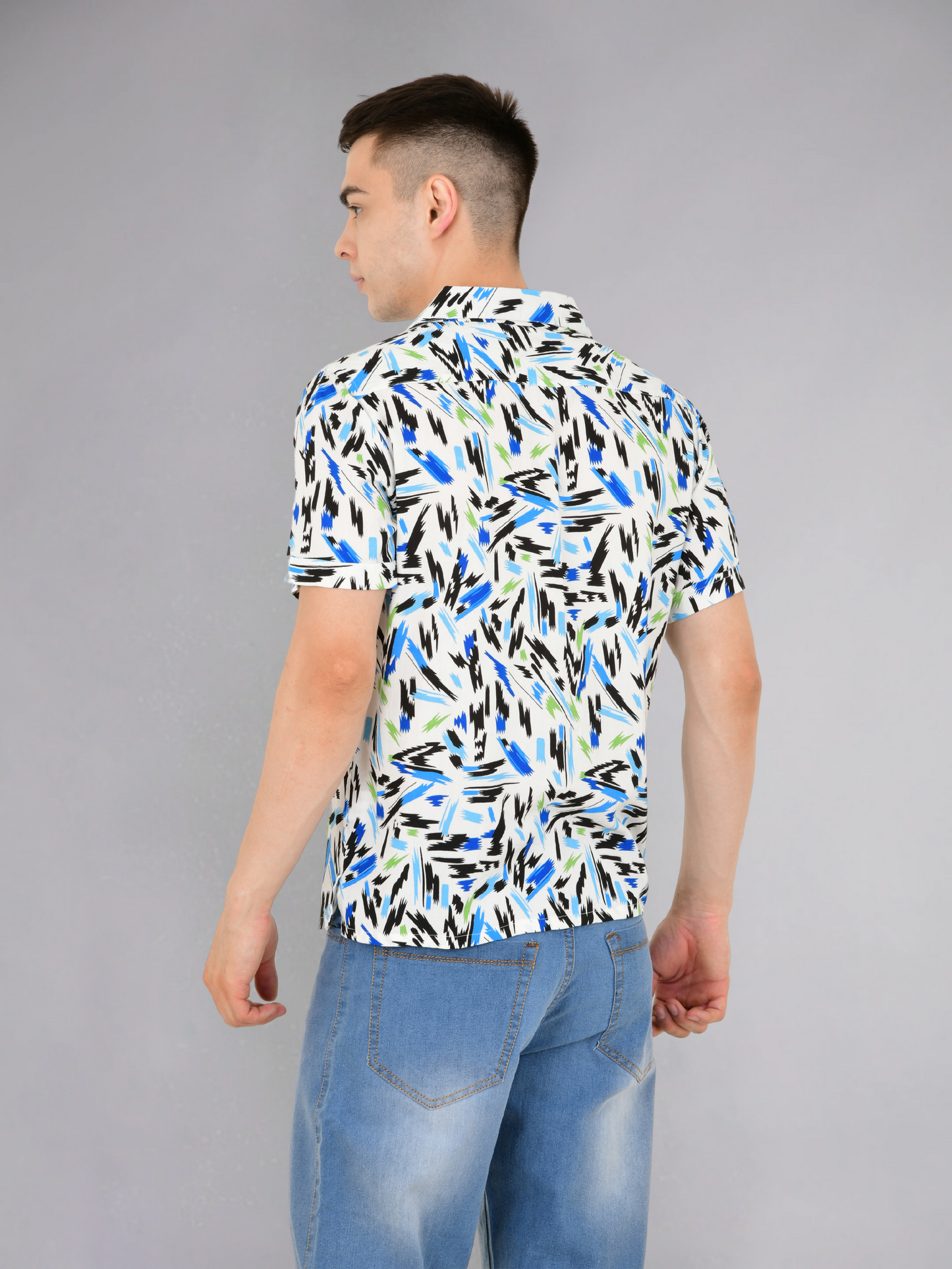 Blue Patch Print Cotton Shirt - Back View