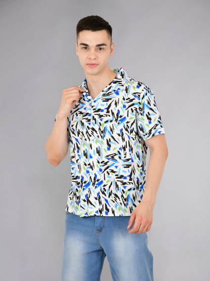 Blue Patch Print Cotton Shirt - Collar Detail