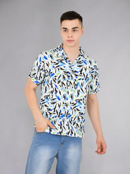 Model Wearing Blue Patch Print Cotton Shirt - Side View