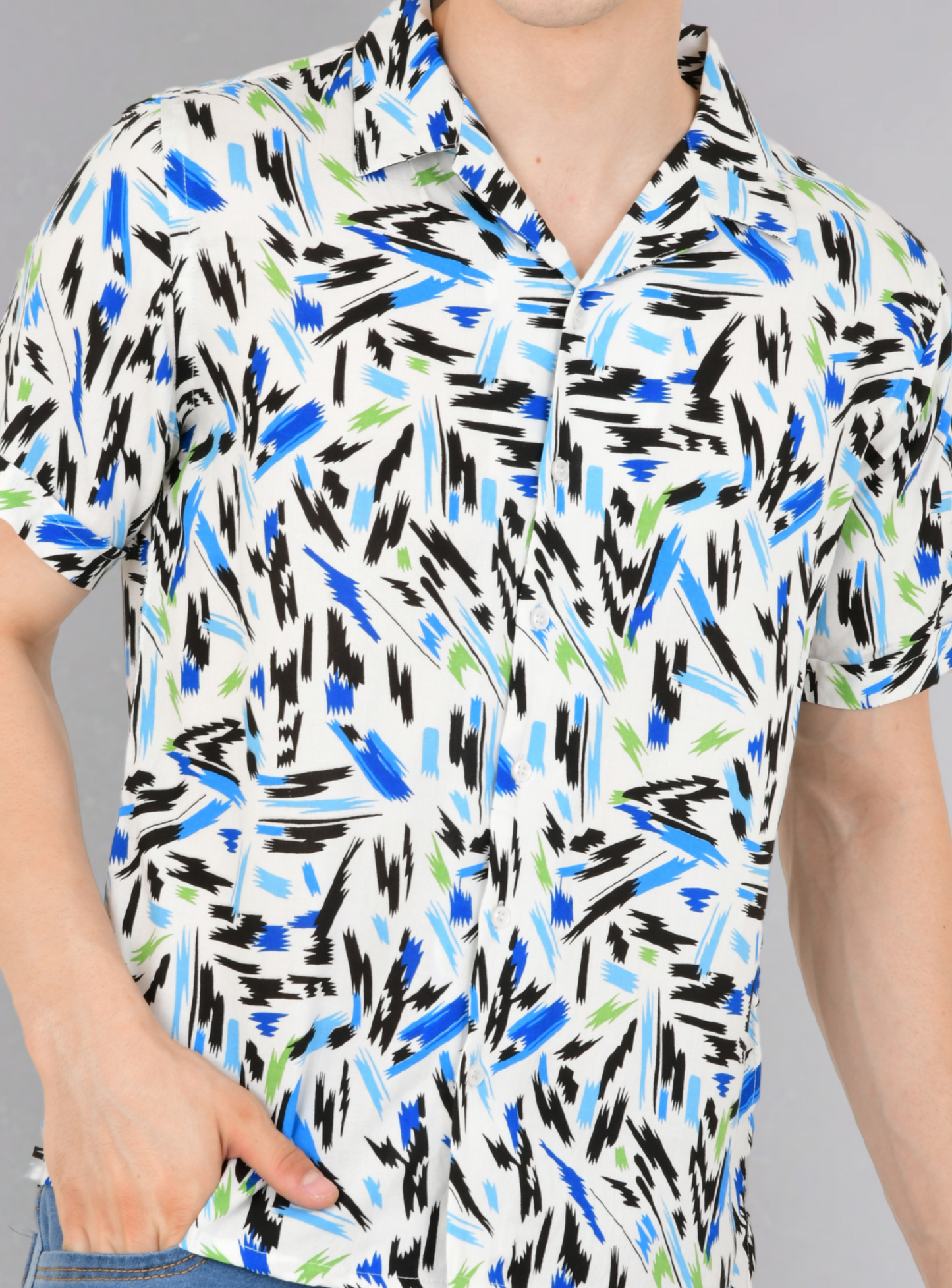 Blue Patch Print Half Sleeves Cotton Shirt