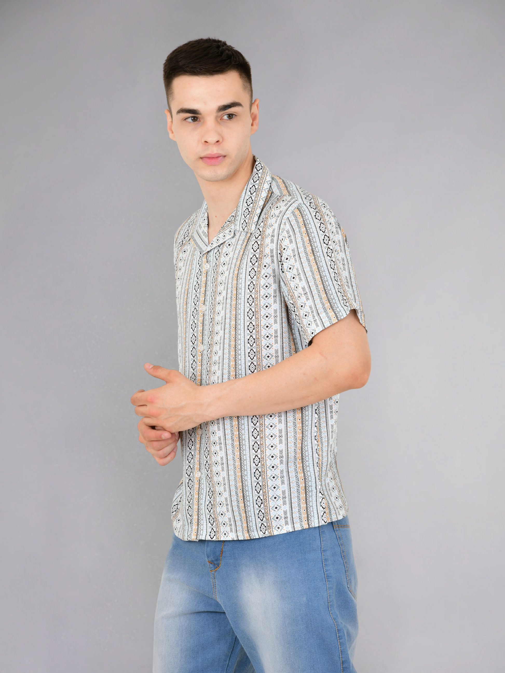 Model wearing blue paisley print half sleeves cotton shirt - Side view