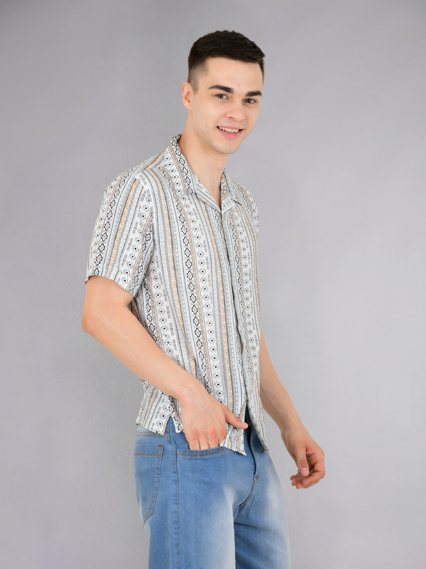 Model wearing blue paisley print half sleeves cotton shirt - Close-up