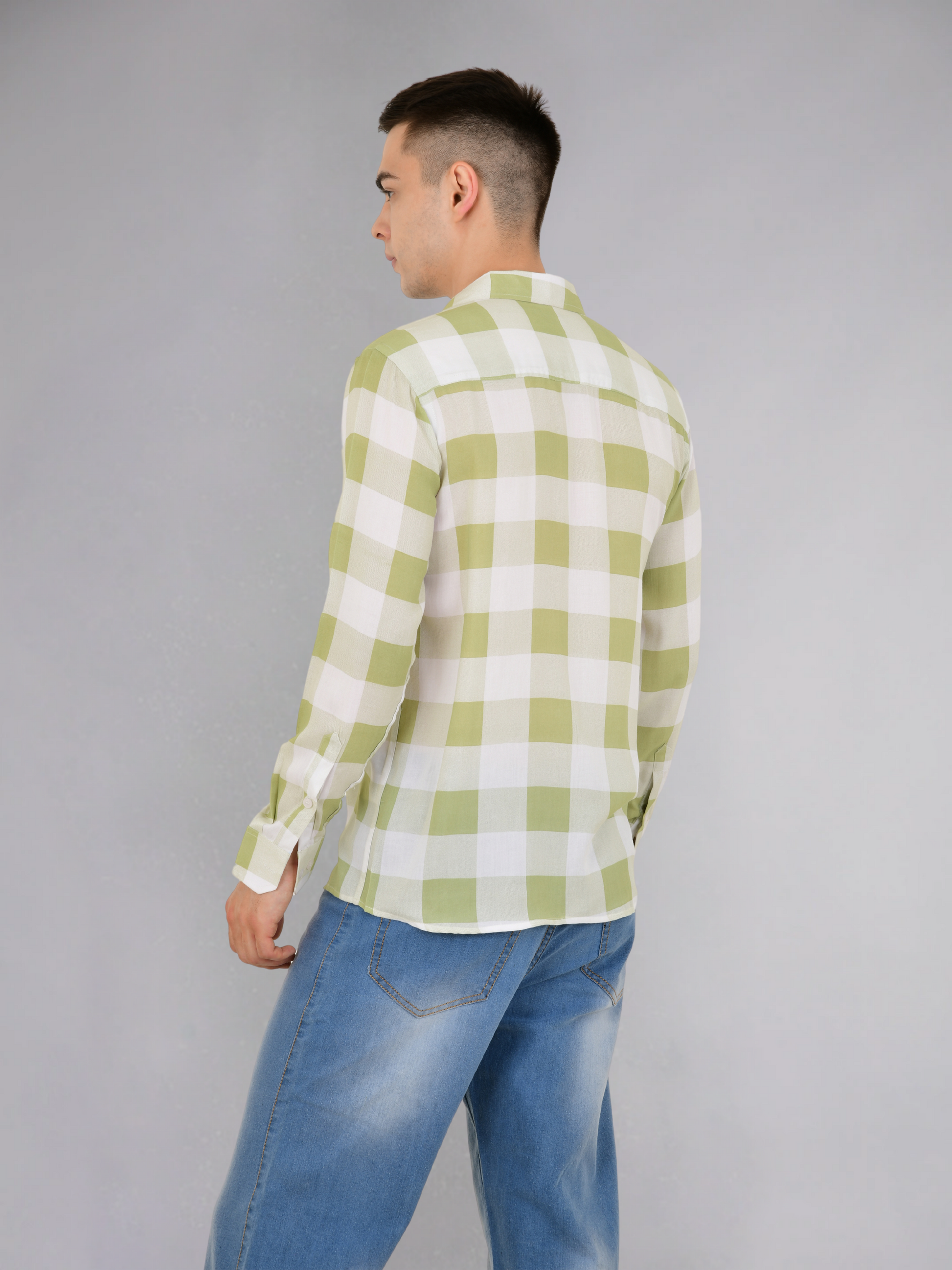 Back view of green check full sleeves cotton shirt