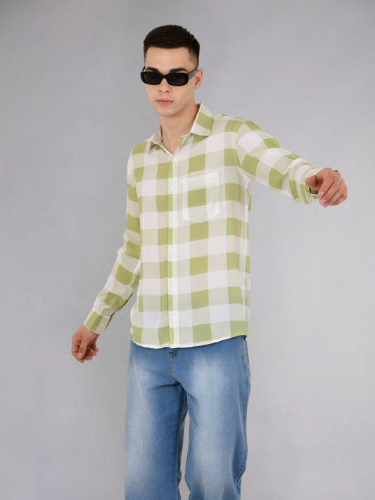 Front view of green check full sleeves cotton shirt on white background