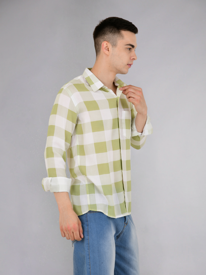 Detail of shirt collar and buttons on green check cotton shirt