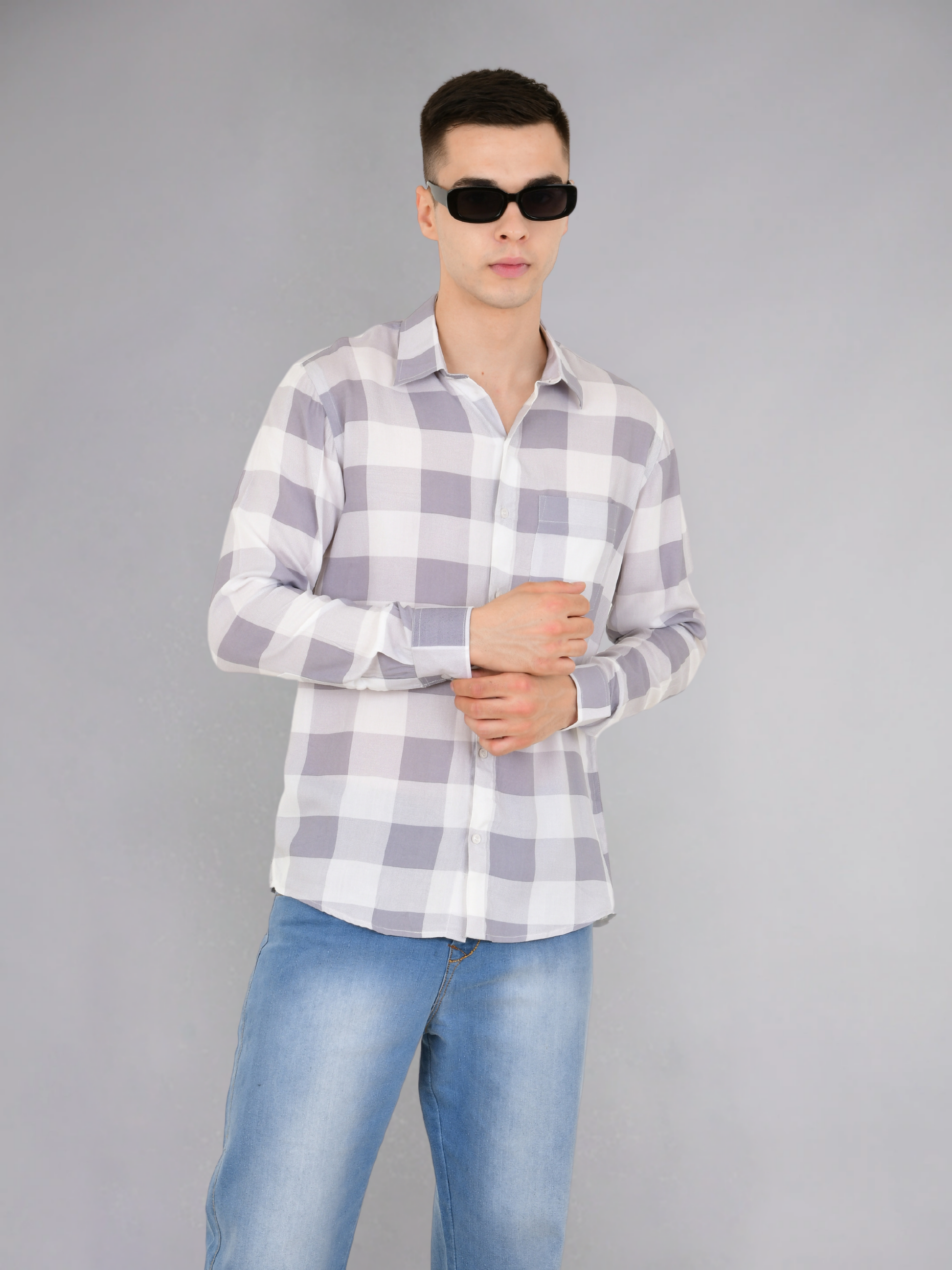 Stylish gray check shirt for men - angled view