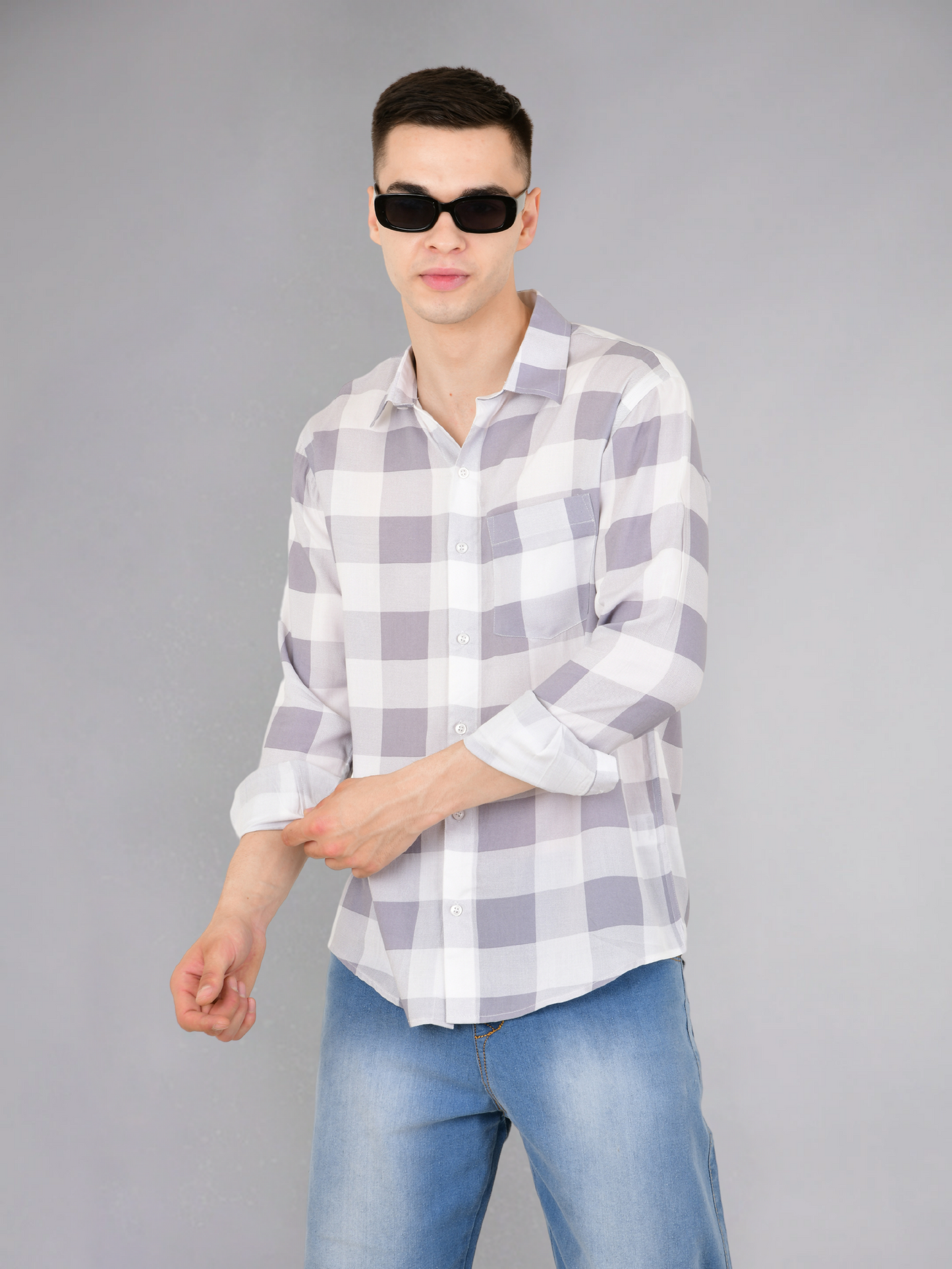 Gray check full sleeves cotton shirt - front view