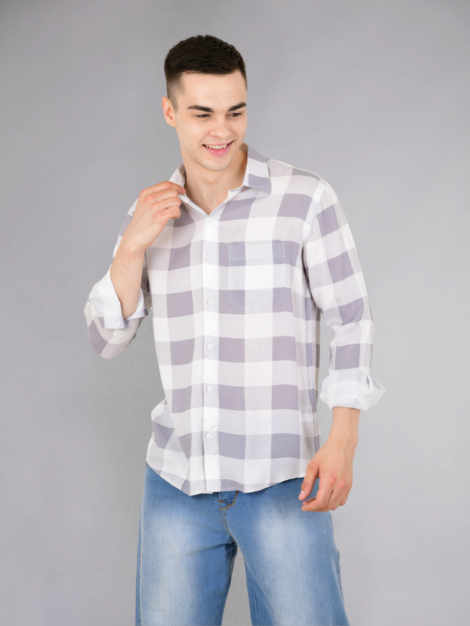 Model wearing gray check full sleeves cotton shirt - side view