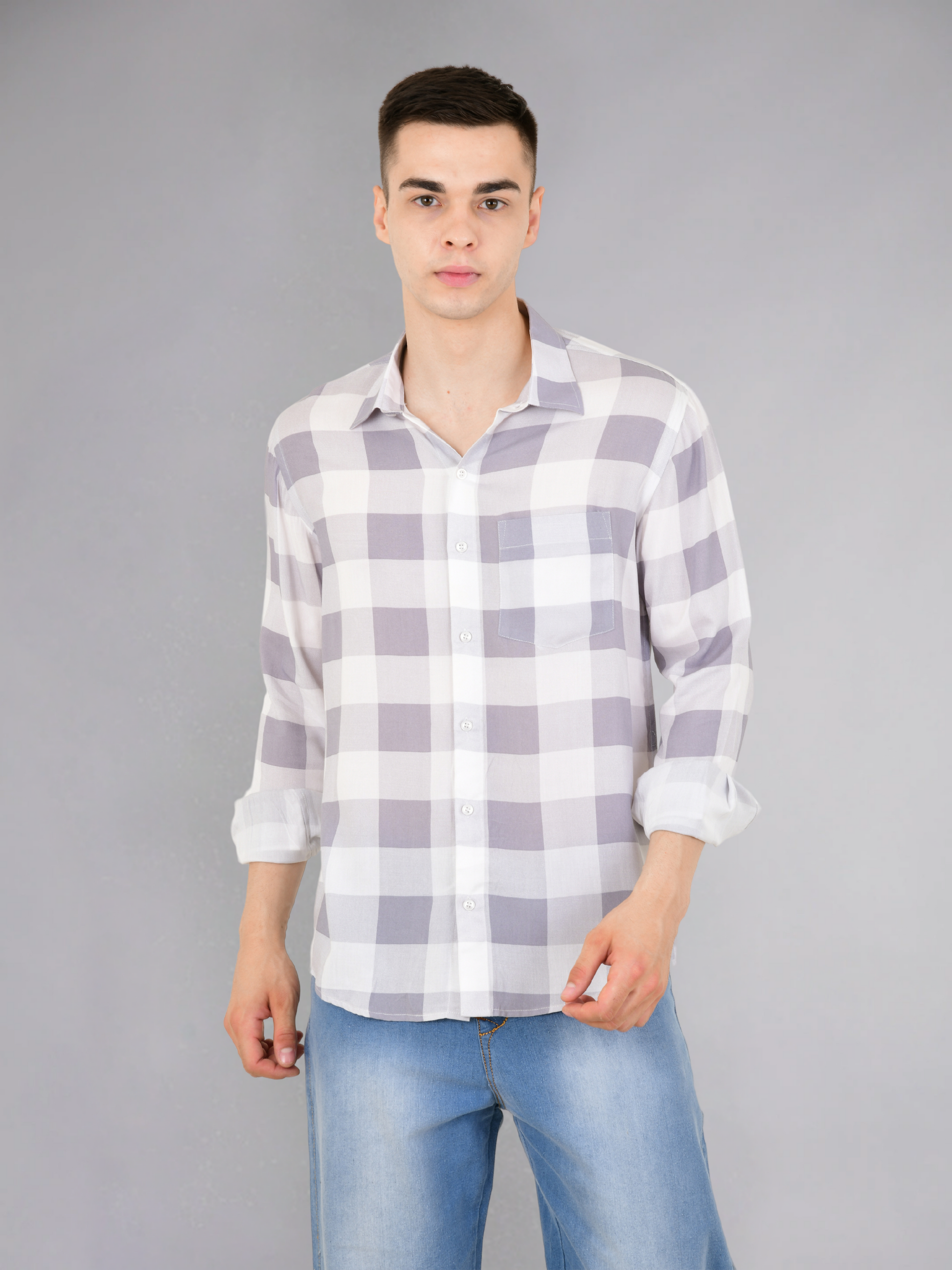 Close-up of gray checkered pattern on cotton shirt