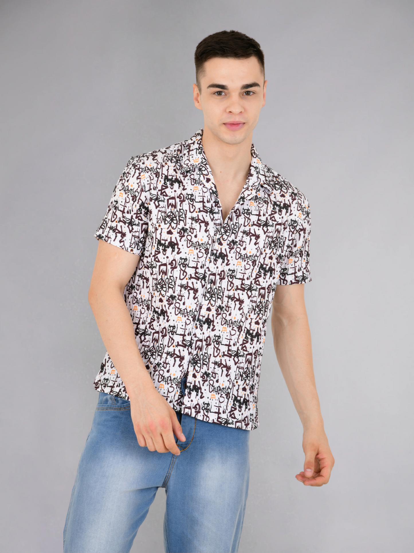 Model Wearing Dune Popcorn Textured Shirt - Front View