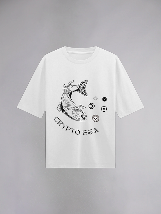 Crypto Sea : White Half Sleeves Oversized T-Shirt