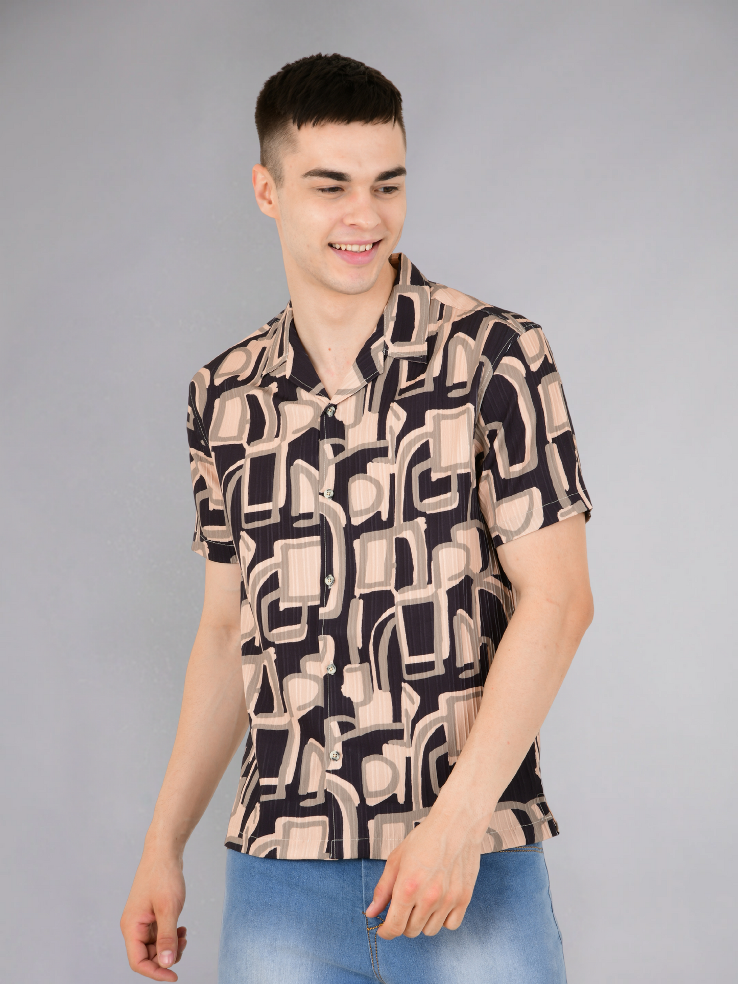 Model Showing the Fit and Style of the Dust Popcorn Shirt - Side View