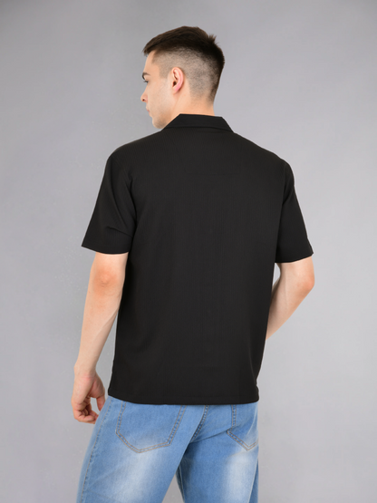 Back View of Black Popcorn Stripe Textured Half Sleeves Shirt