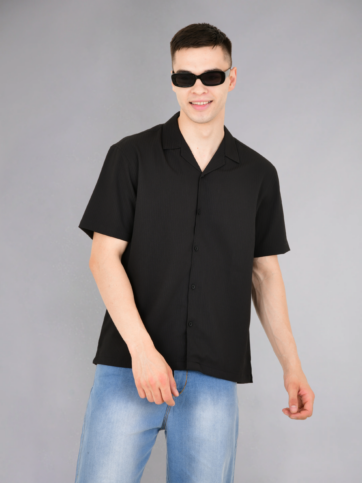 Black Popcorn Stripe Textured Half Sleeves Shirt - Front View