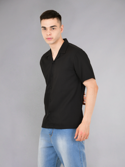 Model Wearing Black Popcorn Stripe Textured Half Sleeves Shirt - Side View