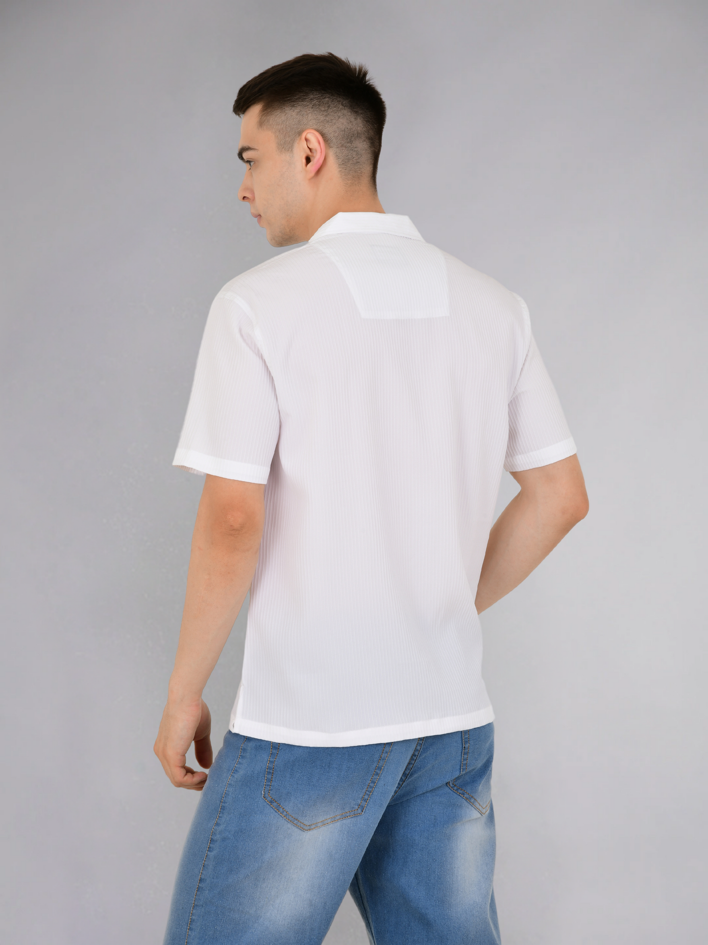 Back View of White Popcorn Stripe Textured Shirt