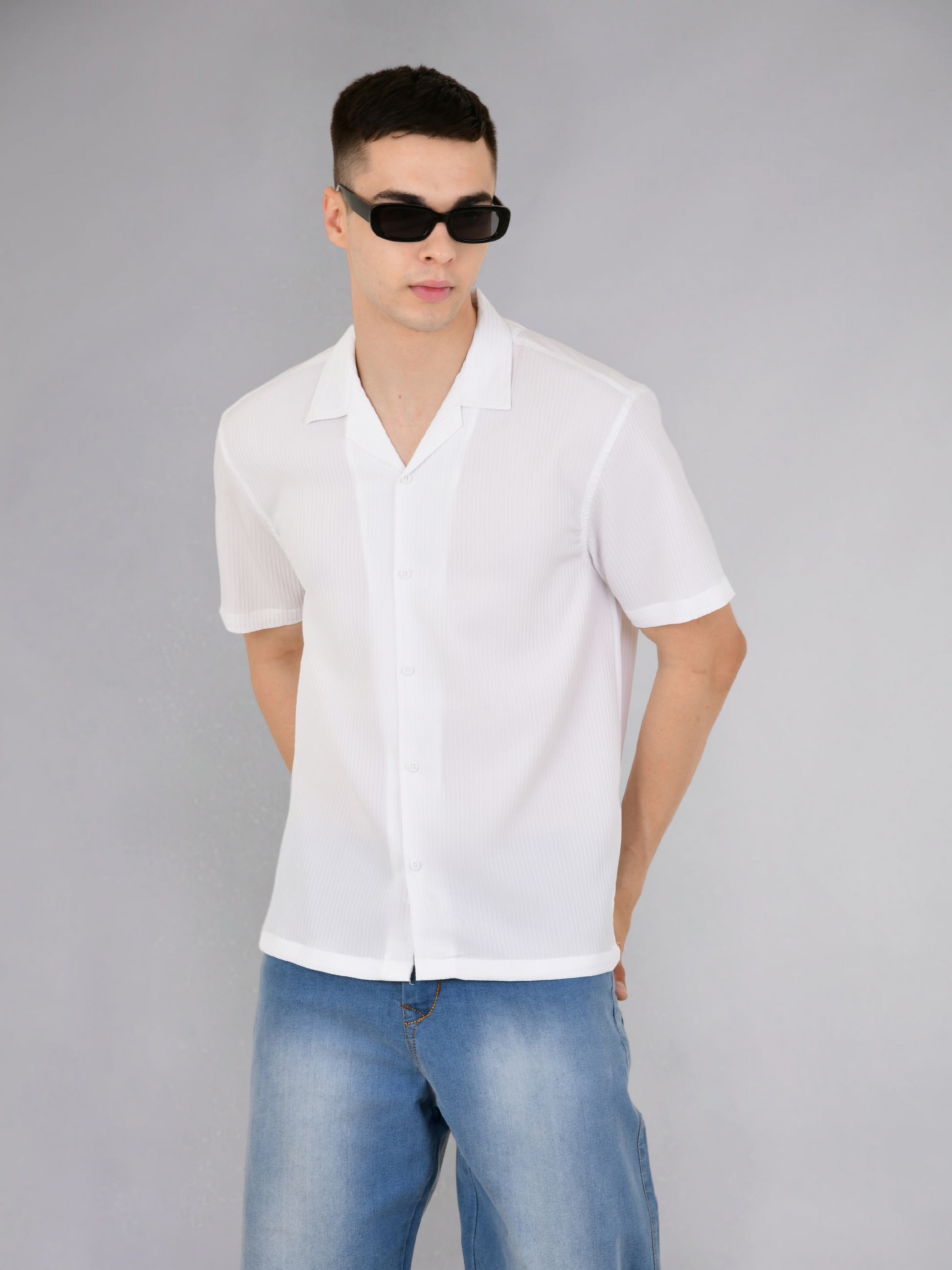 White Popcorn Stripe Textured Half Sleeves Shirt - Front View