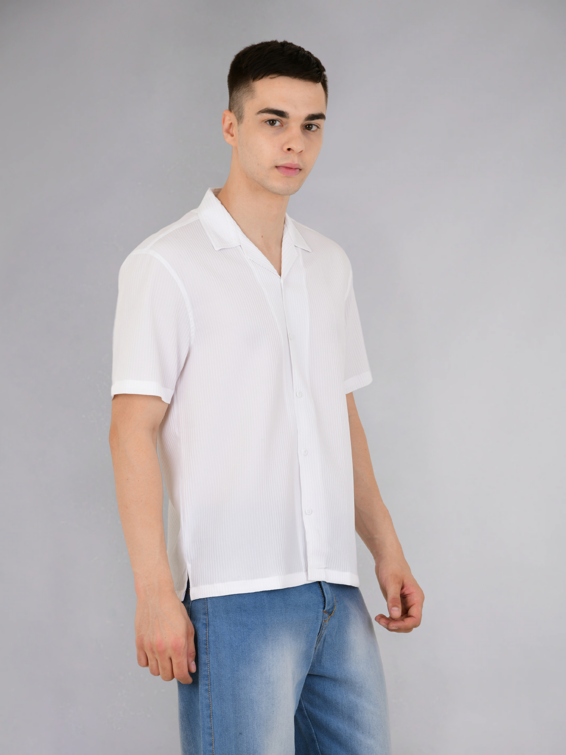 Model Wearing White Popcorn Stripe Textured Half Sleeves Shirt - Side View