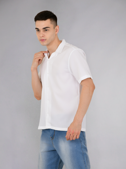 White Popcorn Stripe Textured Shirt - Folded Display