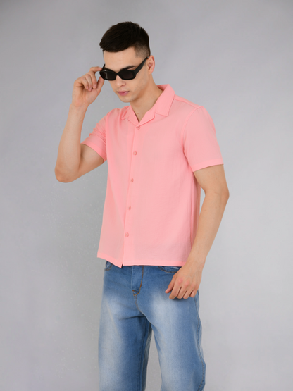 Front view of a stylish pink popcorn texture shirt