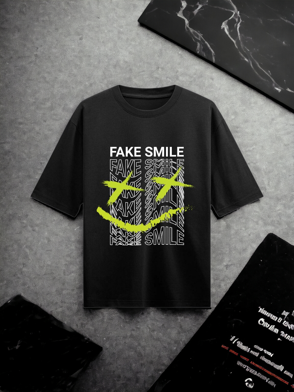 Fake Smile : Black Half Sleeves Oversized T-Shirt